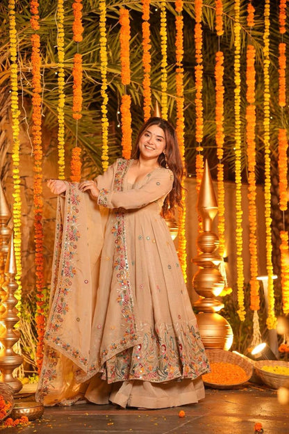 Festive Wear Beige Color Soft Crunchy Silk Gown Sharara Set