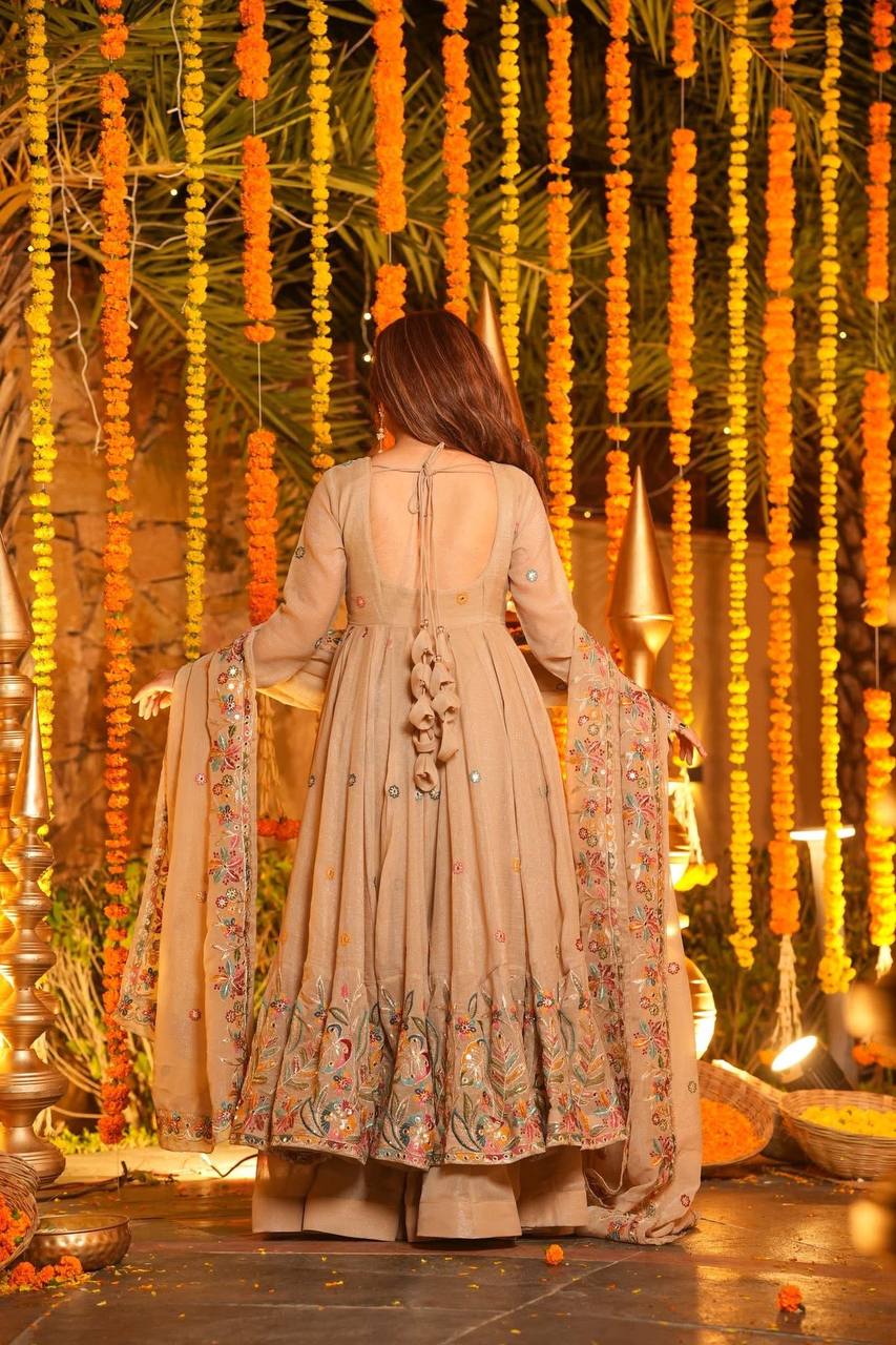 Festive Wear Beige Color Soft Crunchy Silk Gown Sharara Set