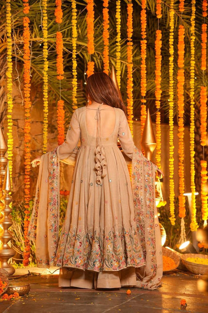 Festive Wear Beige Color Soft Crunchy Silk Gown Sharara Set