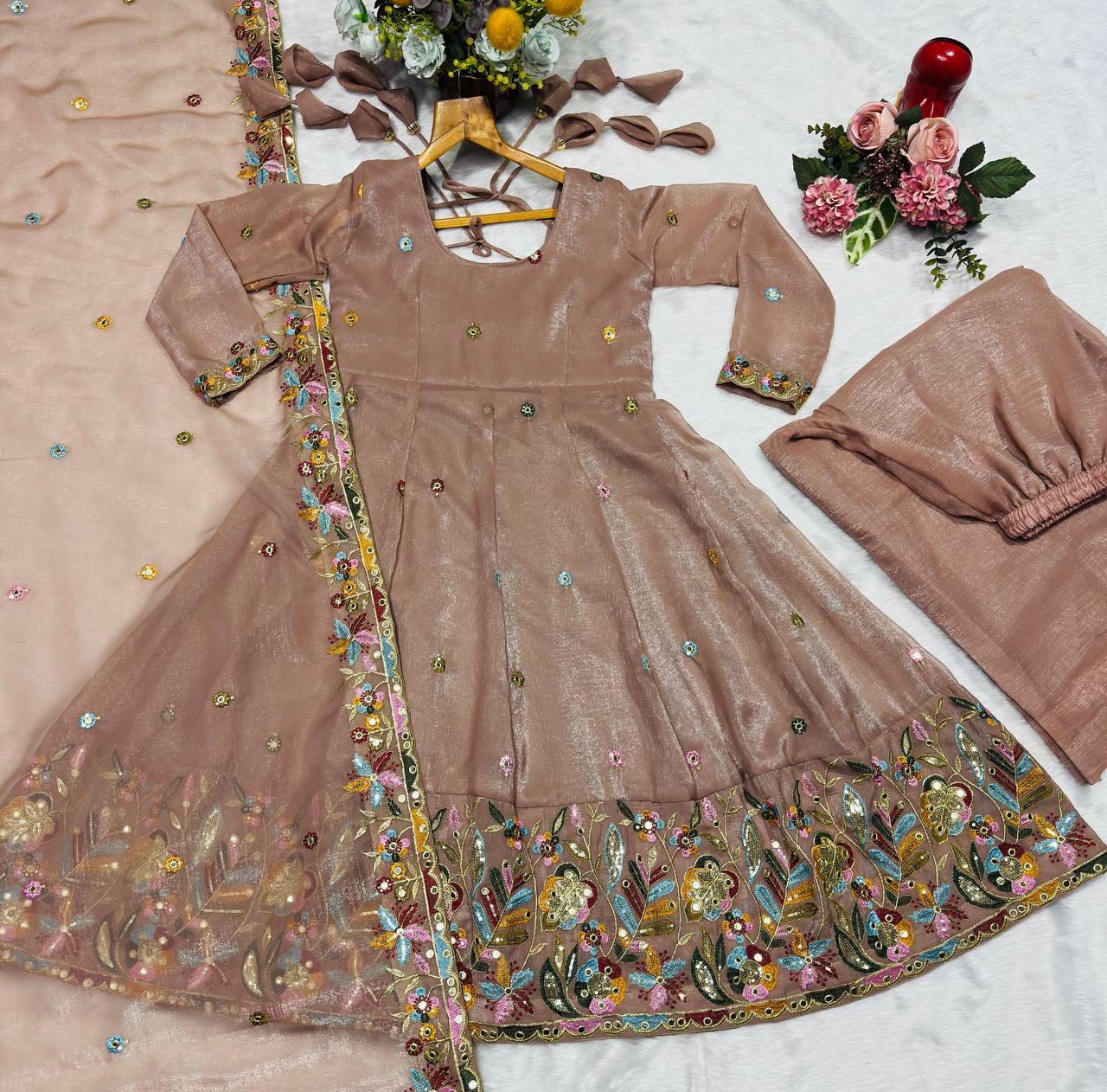 Festive Wear Beige Color Soft Crunchy Silk Gown Sharara Set