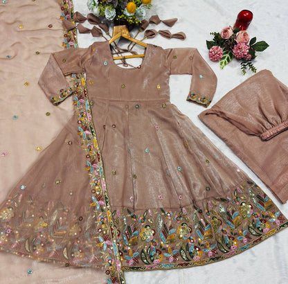 Festive Wear Beige Color Soft Crunchy Silk Gown Sharara Set