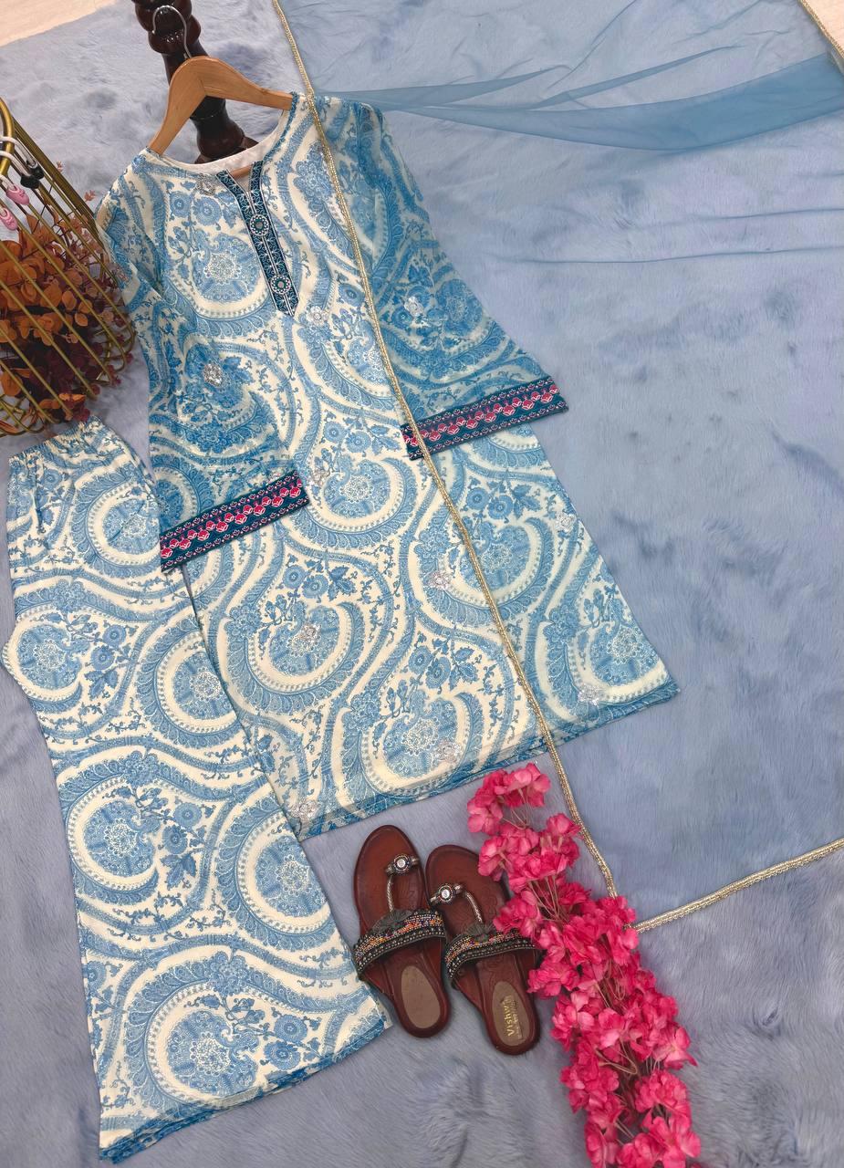 Party Wear Sky Blur Color Pure Chifon Georgette With Digital Print With Embroidery Work Palazzo Suit