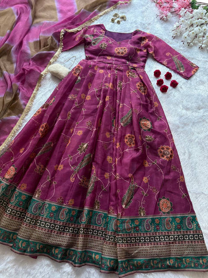 Beautiful Digital Printed Purple Color Anarkali Gown