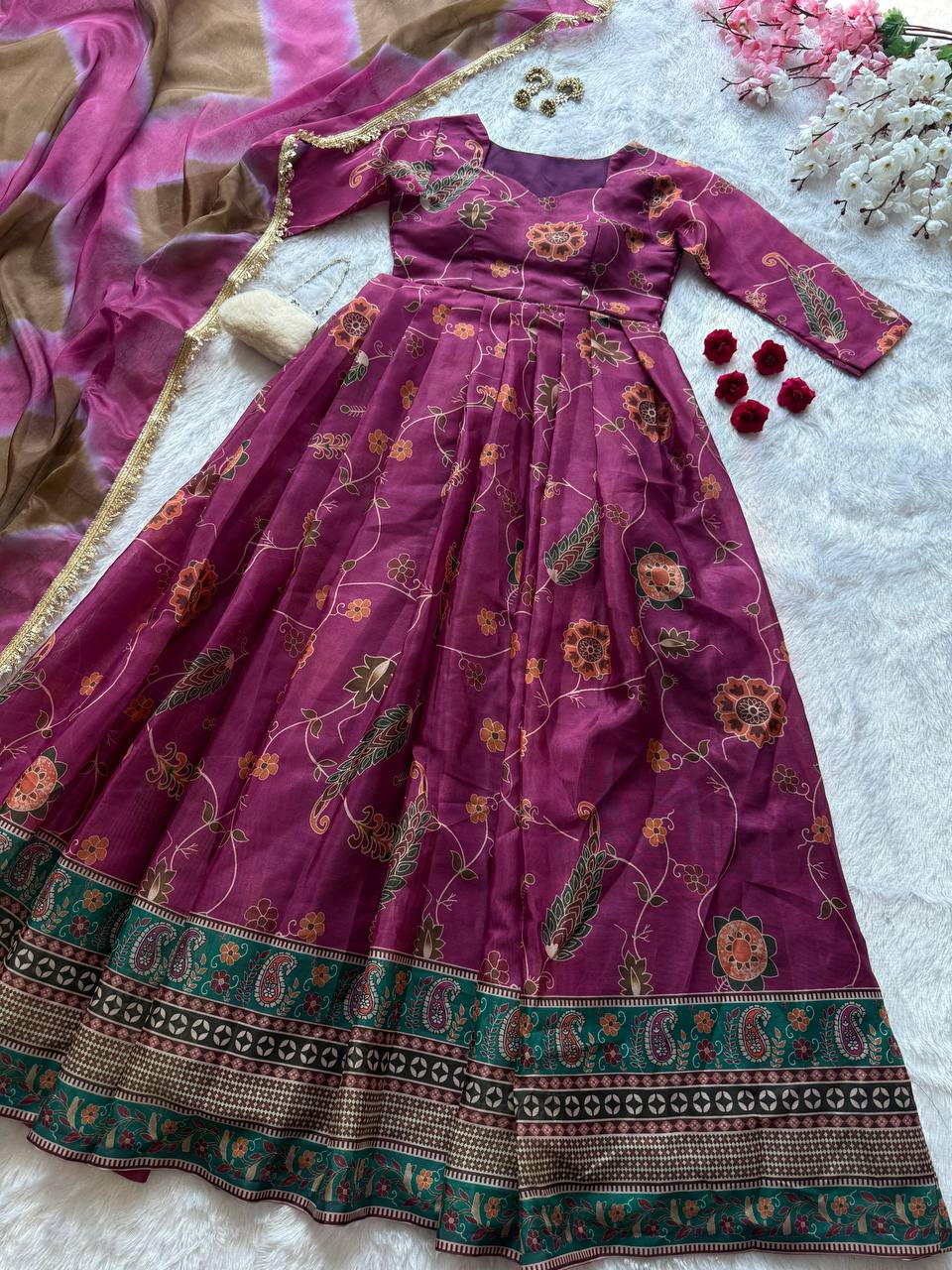 Beautiful Digital Printed Purple Color Anarkali Gown
