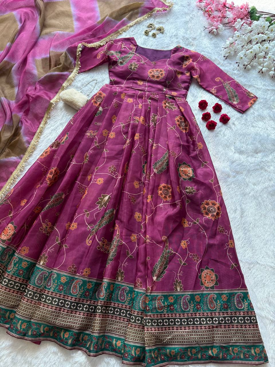 Beautiful Digital Printed Purple Color Anarkali Gown