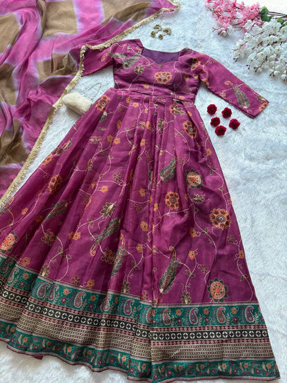 Beautiful Digital Printed Purple Color Anarkali Gown