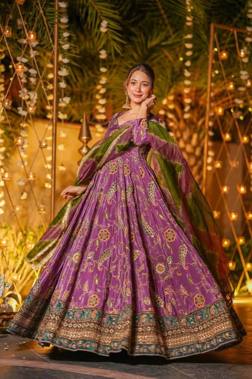 Beautiful Digital Printed Purple Color Anarkali Gown