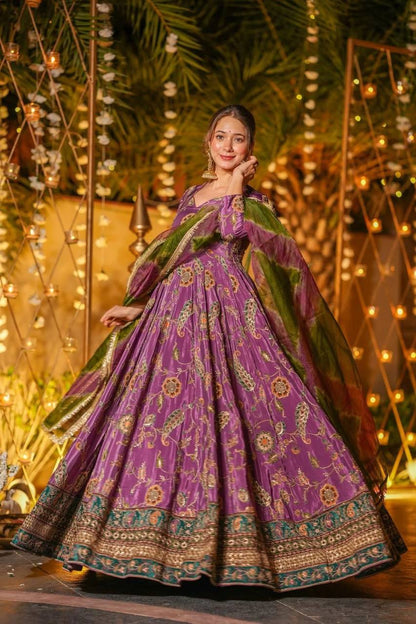 Beautiful Digital Printed Purple Color Anarkali Gown