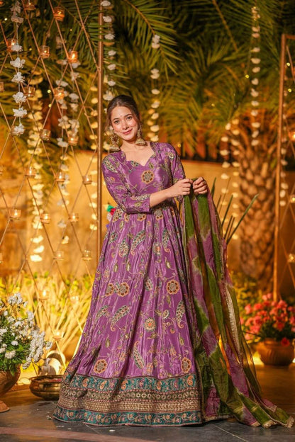 Beautiful Digital Printed Purple Color Anarkali Gown
