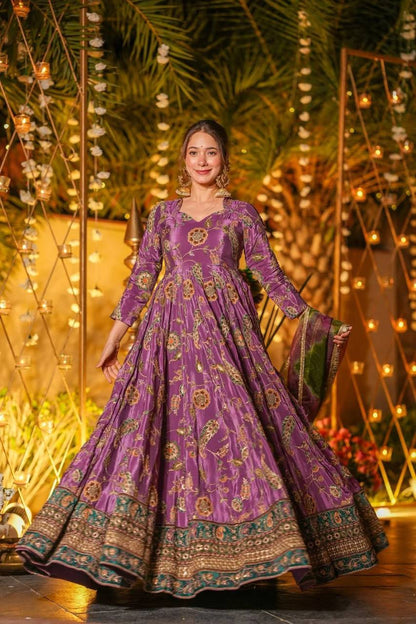 Beautiful Digital Printed Purple Color Anarkali Gown
