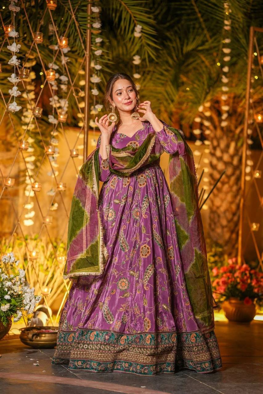 Beautiful Digital Printed Purple Color Anarkali Gown