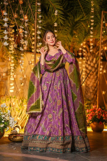 Beautiful Digital Printed Purple Color Anarkali Gown