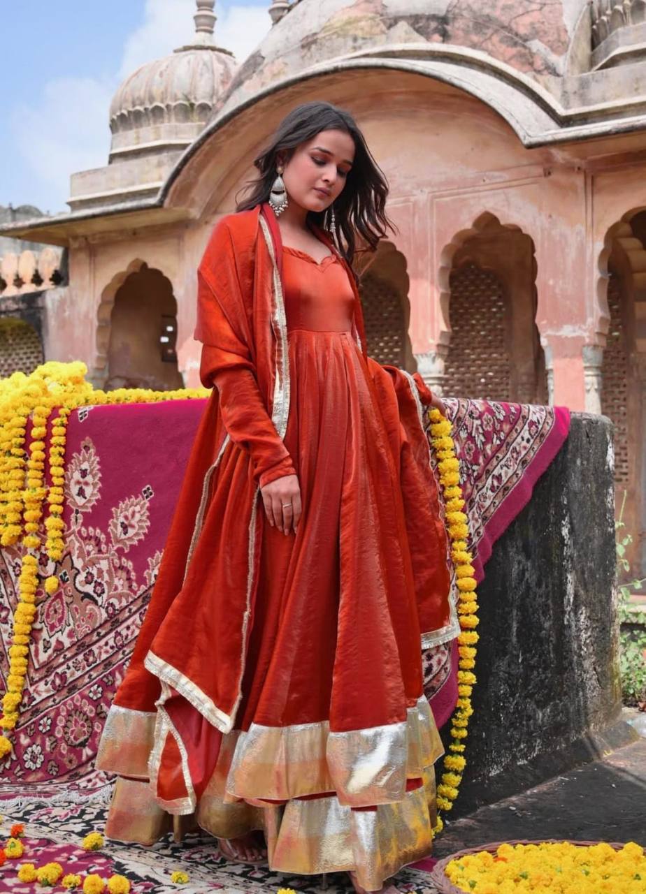 Festive Wear Red Color Fendy Silk Designer Ready To Wear Anarkali Suit