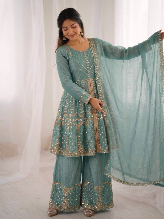 Engagement Wear Sky Blue Color Fendy Silk Sharara Suit With Dupatta