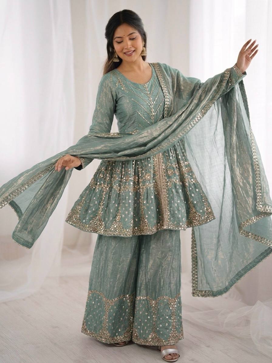 Engagement Wear Sky Blue Color Fendy Silk Sharara Suit With Dupatta