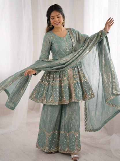 Engagement Wear Sky Blue Color Fendy Silk Sharara Suit With Dupatta