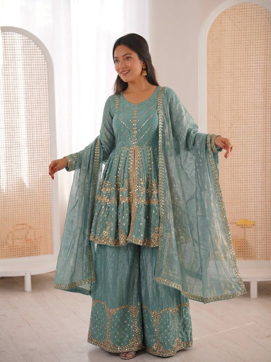 Engagement Wear Sky Blue Color Fendy Silk Sharara Suit With Dupatta