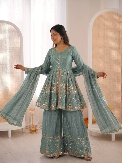 Engagement Wear Sky Blue Color Fendy Silk Sharara Suit With Dupatta