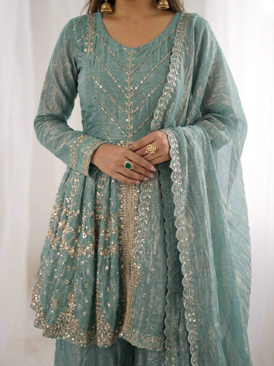Engagement Wear Sky Blue Color Fendy Silk Sharara Suit With Dupatta