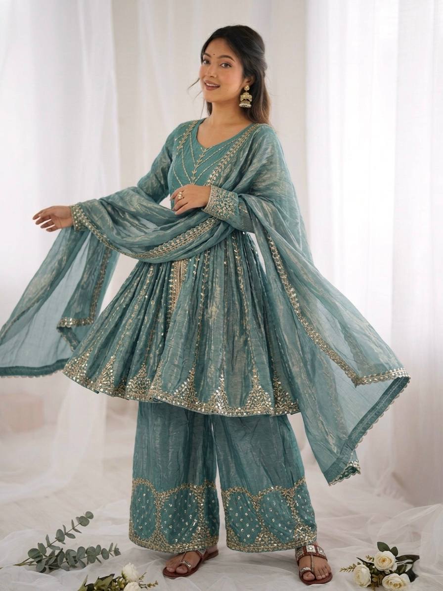 Engagement Wear Sky Blue Color Fendy Silk Sharara Suit With Dupatta