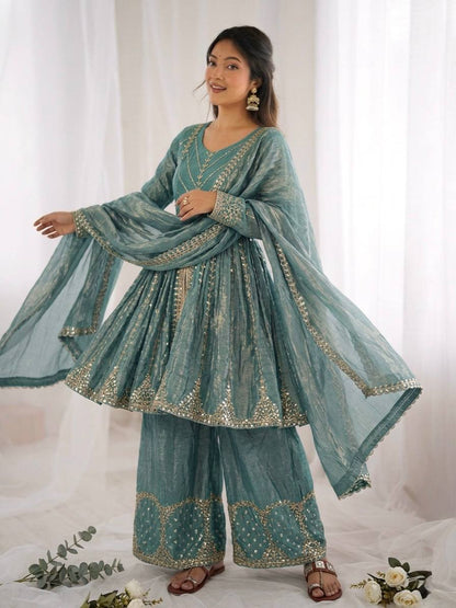 Engagement Wear Sky Blue Color Fendy Silk Sharara Suit With Dupatta