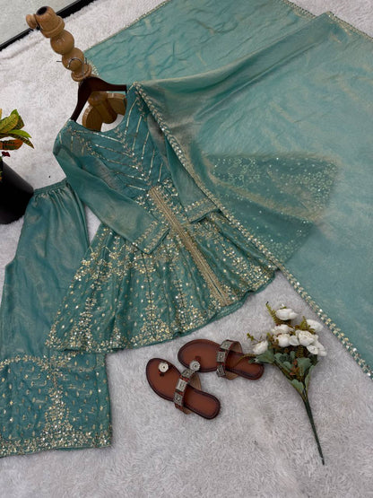 Engagement Wear Sky Blue Color Fendy Silk Sharara Suit With Dupatta