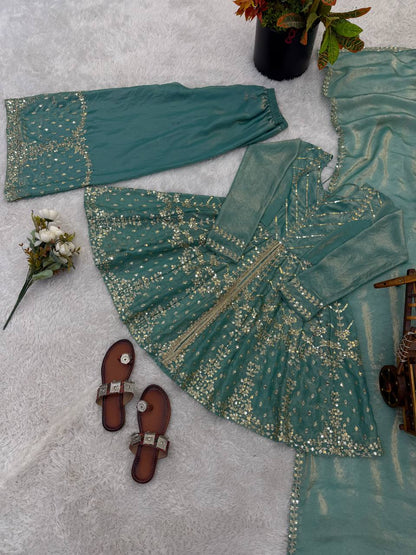 Engagement Wear Sky Blue Color Fendy Silk Sharara Suit With Dupatta