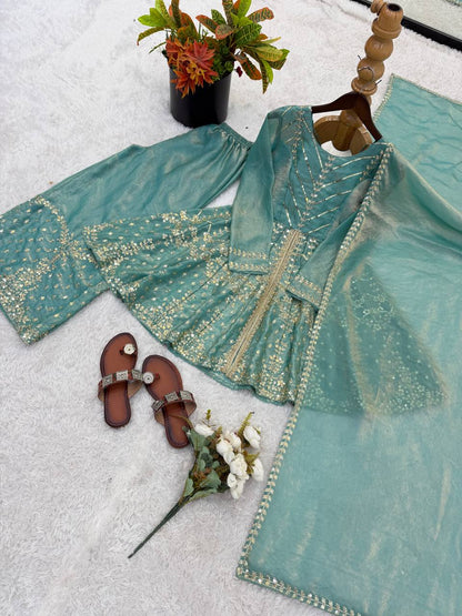 Engagement Wear Sky Blue Color Fendy Silk Sharara Suit With Dupatta