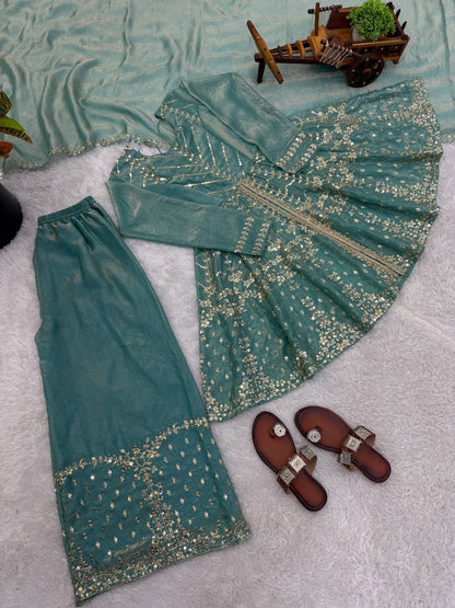 Engagement Wear Sky Blue Color Fendy Silk Sharara Suit With Dupatta