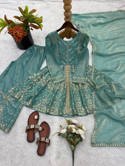 Engagement Wear Sky Blue Color Fendy Silk Sharara Suit With Dupatta
