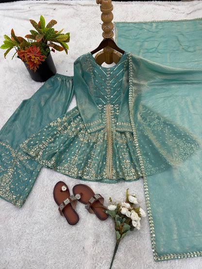 Engagement Wear Sky Blue Color Fendy Silk Sharara Suit With Dupatta