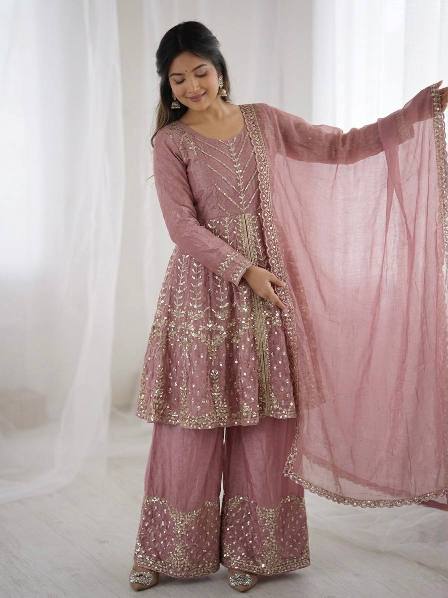 Stunning Pink Color Sequence Embroidred Sharara Suit With Dupatta