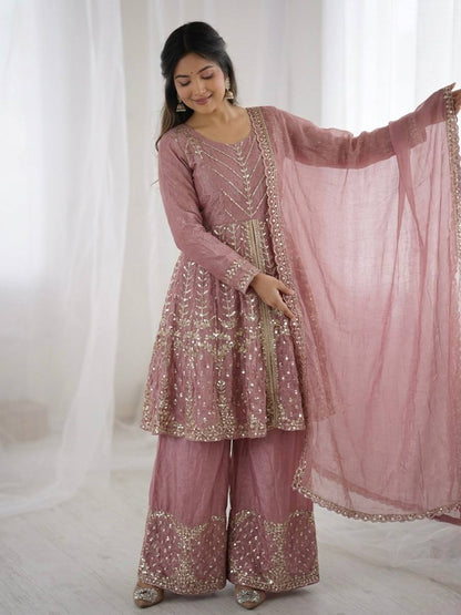 Stunning Pink Color Sequence Embroidred Sharara Suit With Dupatta