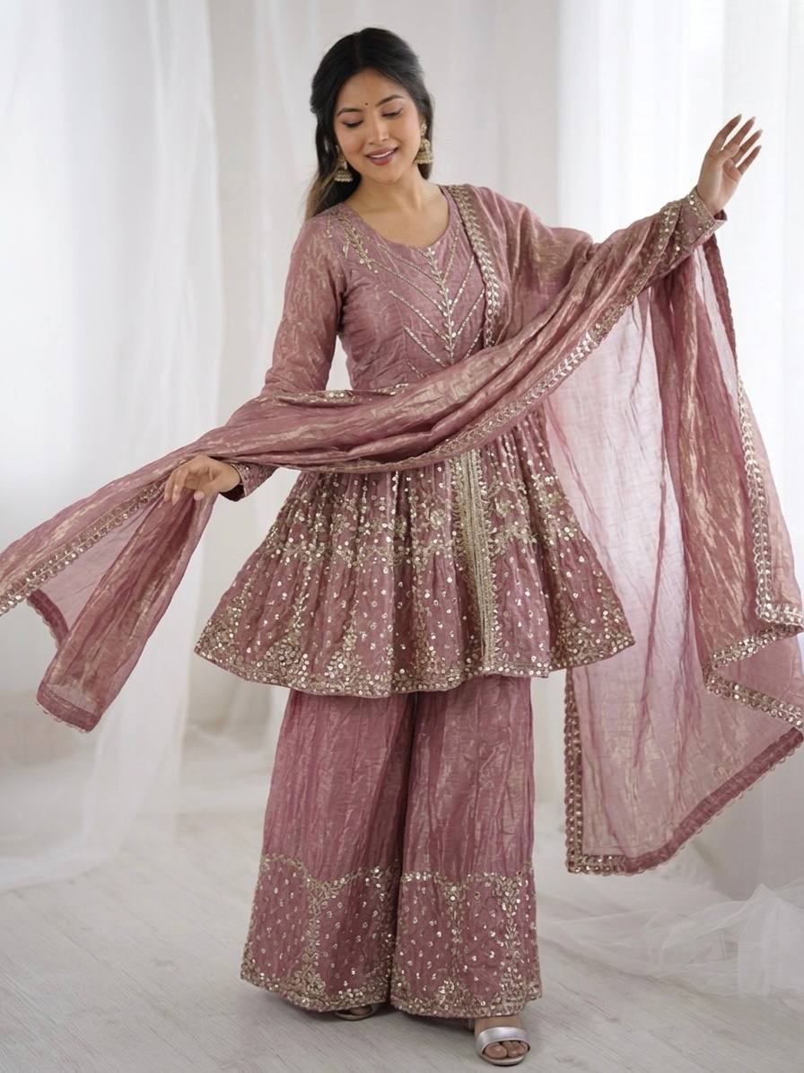 Stunning Pink Color Sequence Embroidred Sharara Suit With Dupatta