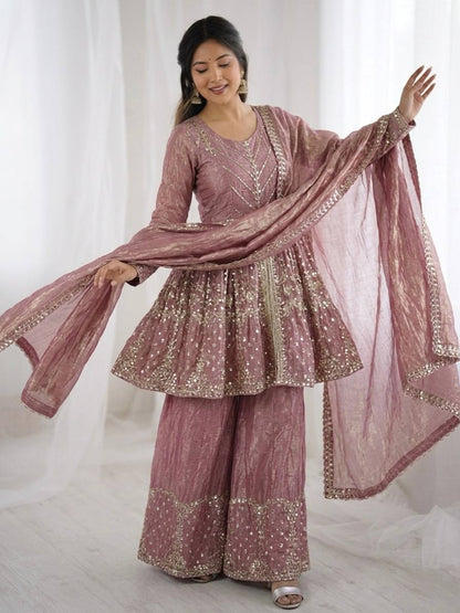 Stunning Pink Color Sequence Embroidred Sharara Suit With Dupatta