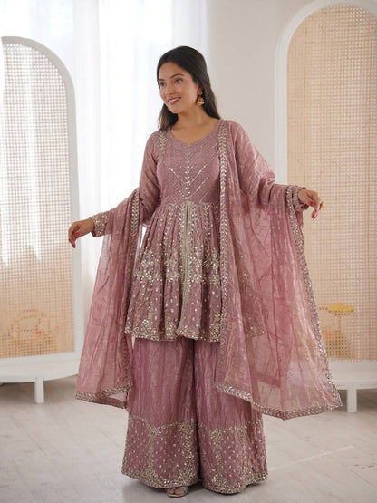 Stunning Pink Color Sequence Embroidred Sharara Suit With Dupatta