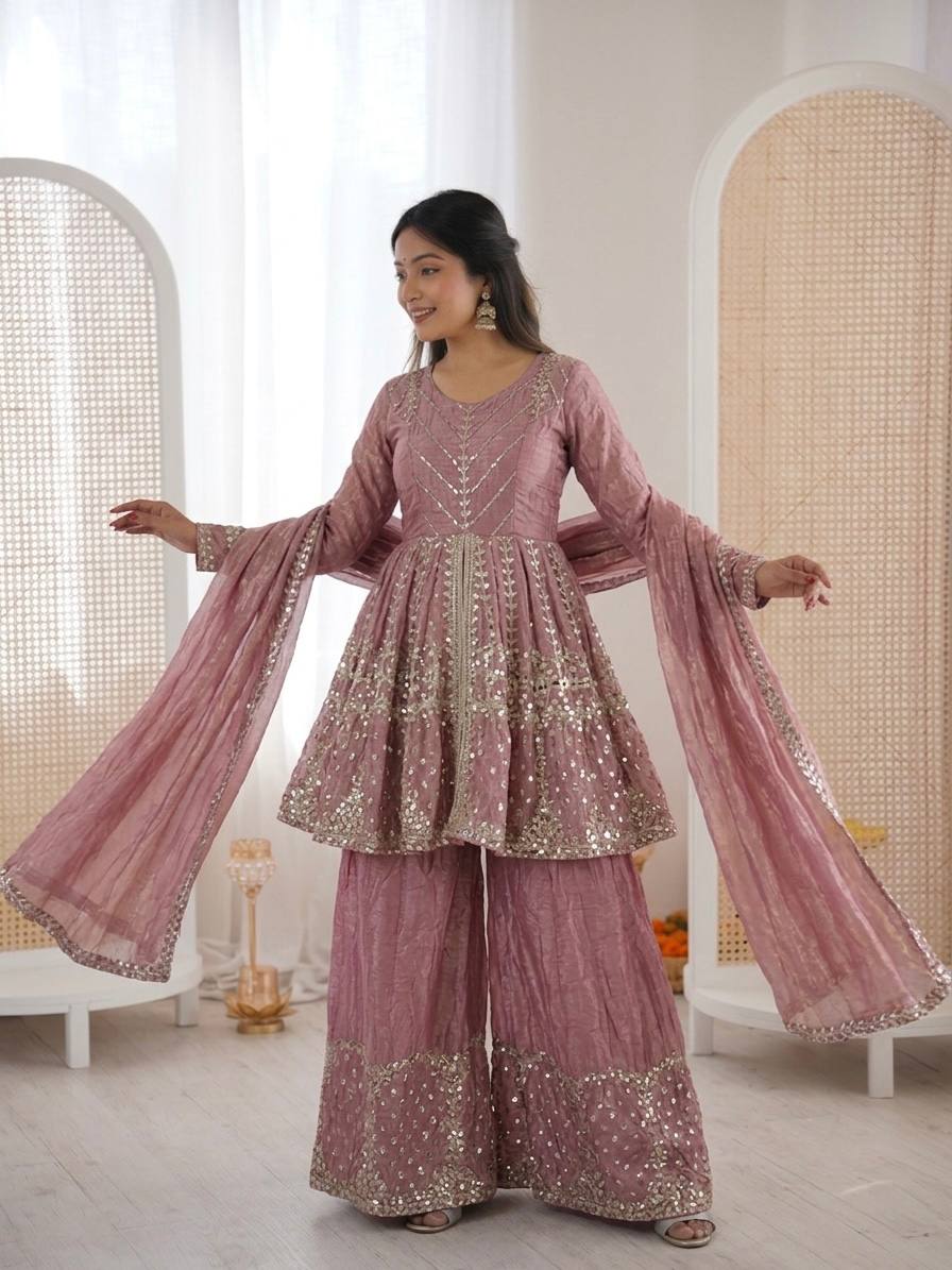 Stunning Pink Color Sequence Embroidred Sharara Suit With Dupatta