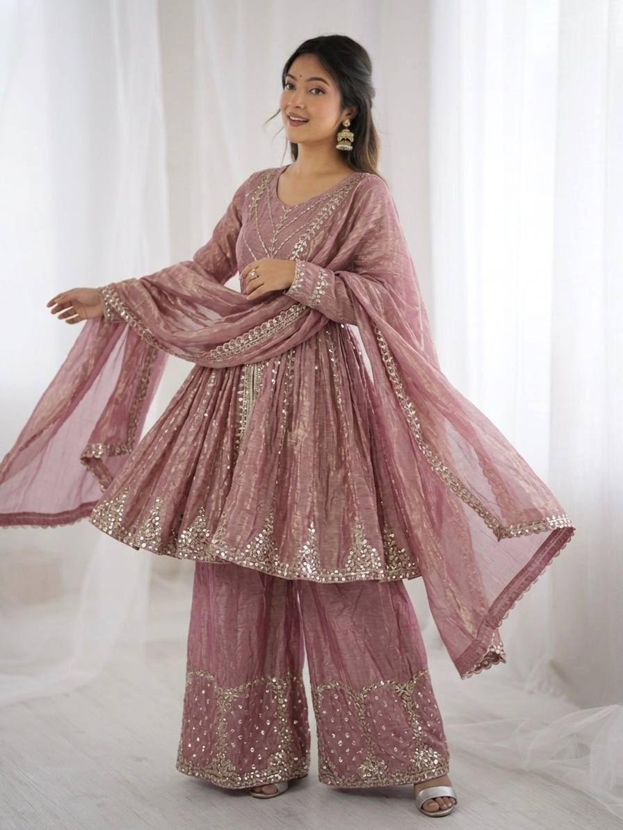 Stunning Pink Color Sequence Embroidred Sharara Suit With Dupatta