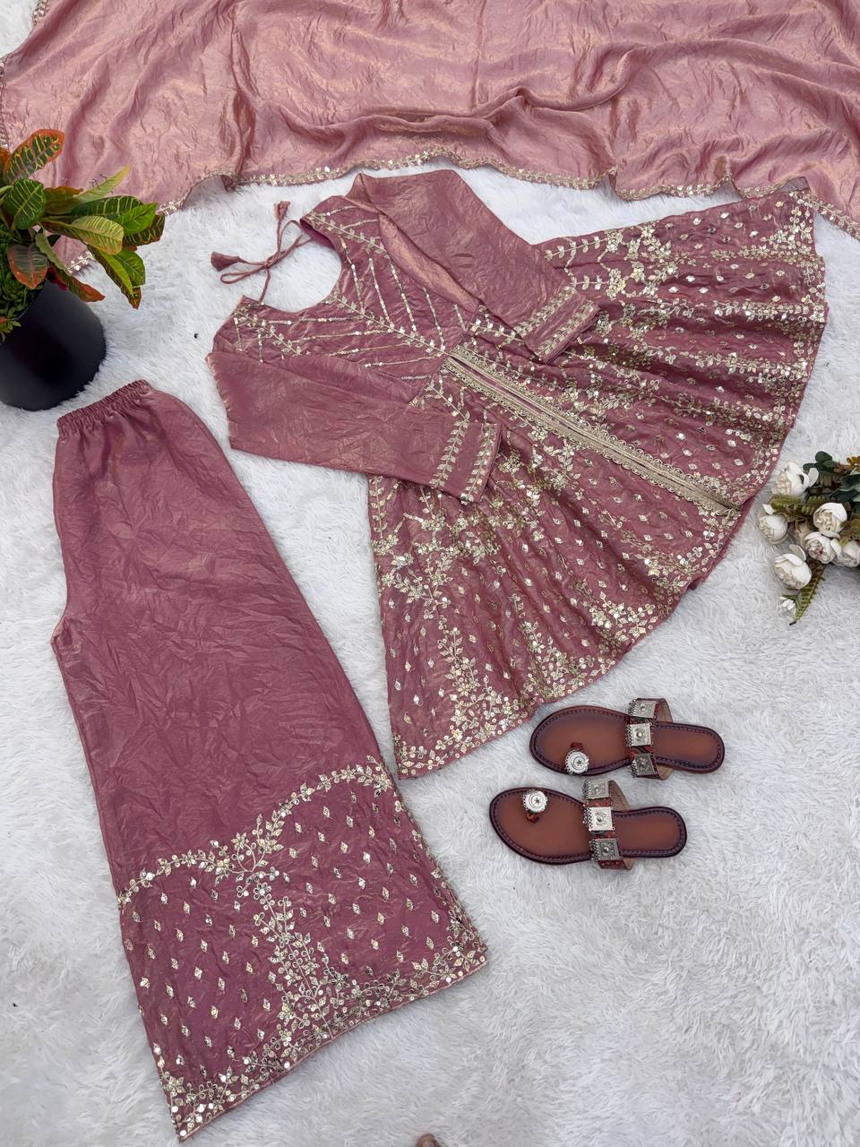Stunning Pink Color Sequence Embroidred Sharara Suit With Dupatta