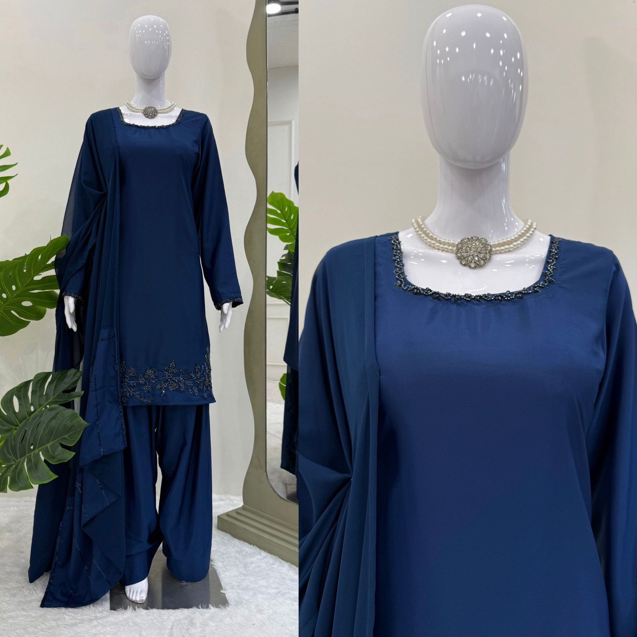 Party Wear Navy Blue Color Natural Crepe Beads With Moti With Thread Work Palazzo Suit