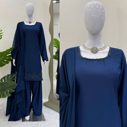 Party Wear Navy Blue Color Natural Crepe Beads With Moti With Thread Work Palazzo Suit