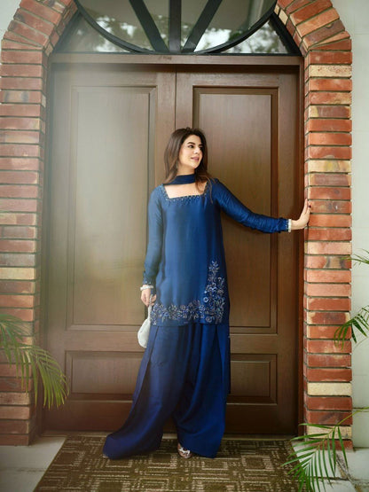Party Wear Navy Blue Color Natural Crepe Beads With Moti With Thread Work Palazzo Suit