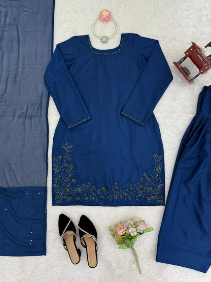 Party Wear Navy Blue Color Natural Crepe Beads With Moti With Thread Work Palazzo Suit