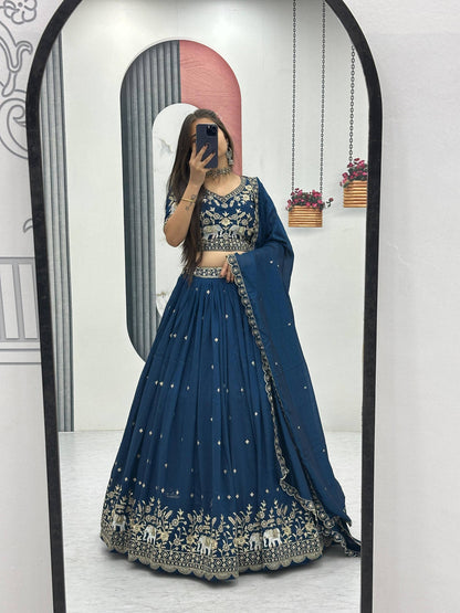 Festive Wear Teal Color Thread And Sequence Work Lehenga Choli Set