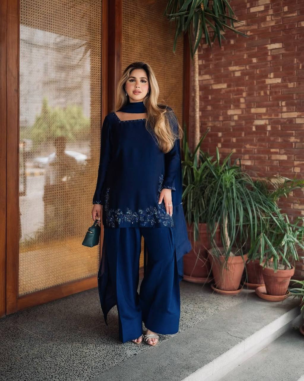 Function Wear Navy Blue Color Pure Natural Crep Silk With Embroidery Sequence Work Palazzo Suit