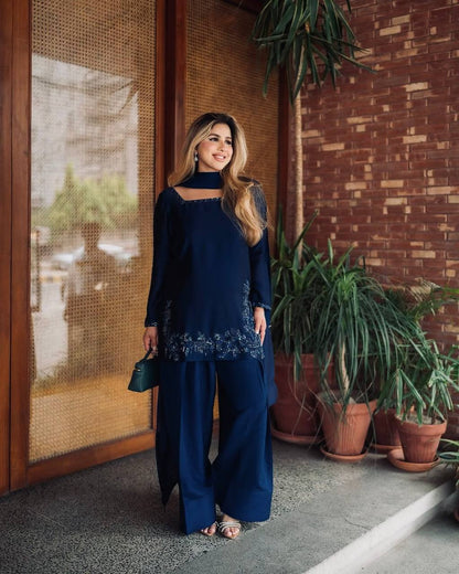 Function Wear Navy Blue Color Pure Natural Crep Silk With Embroidery Sequence Work Palazzo Suit