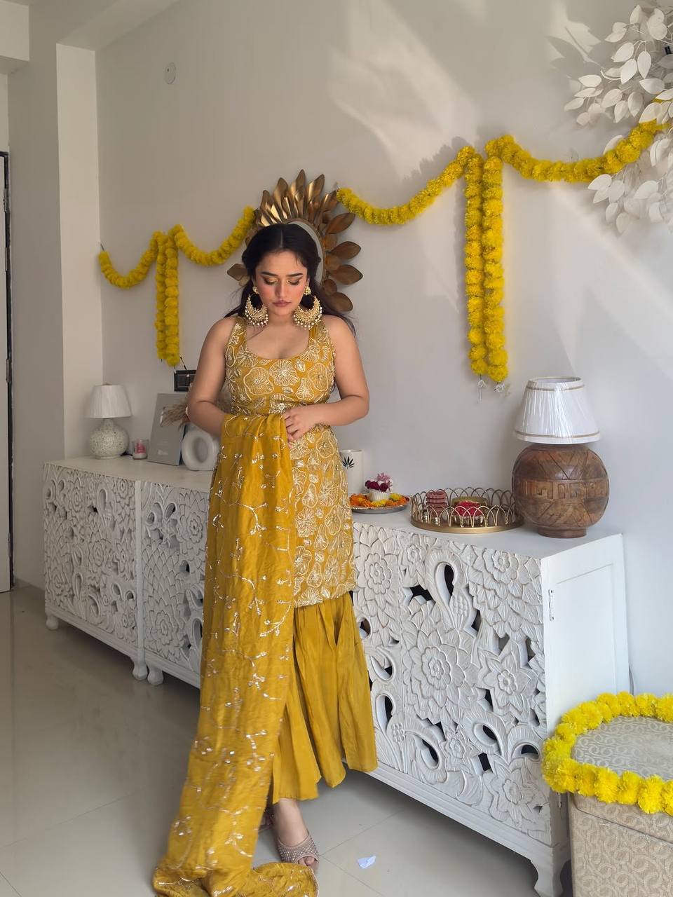 Neha's Yellow Color Thread And Sequin Work Silk Haldi Wear Sharara Set