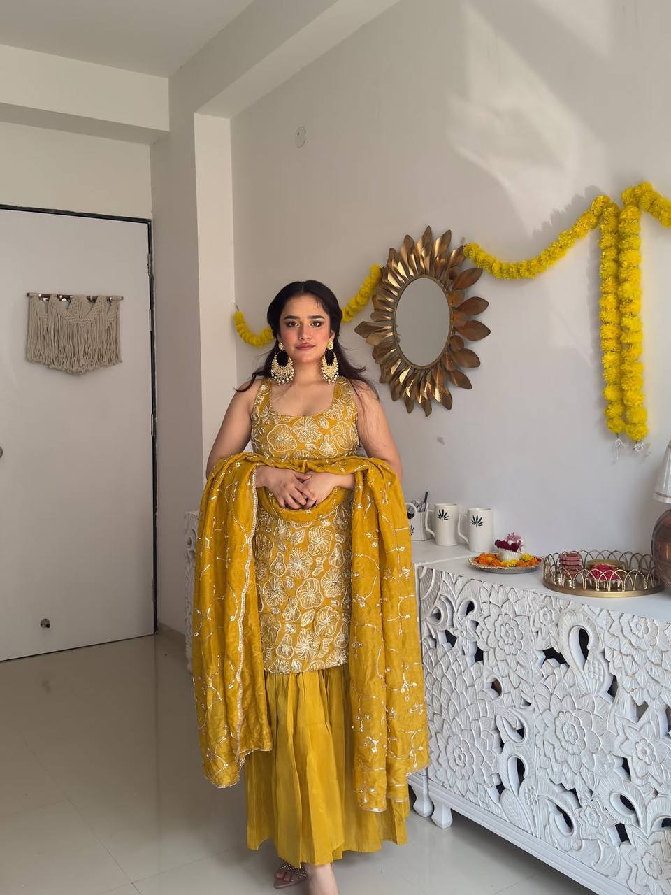 Neha's Yellow Color Thread And Sequin Work Silk Haldi Wear Sharara Set