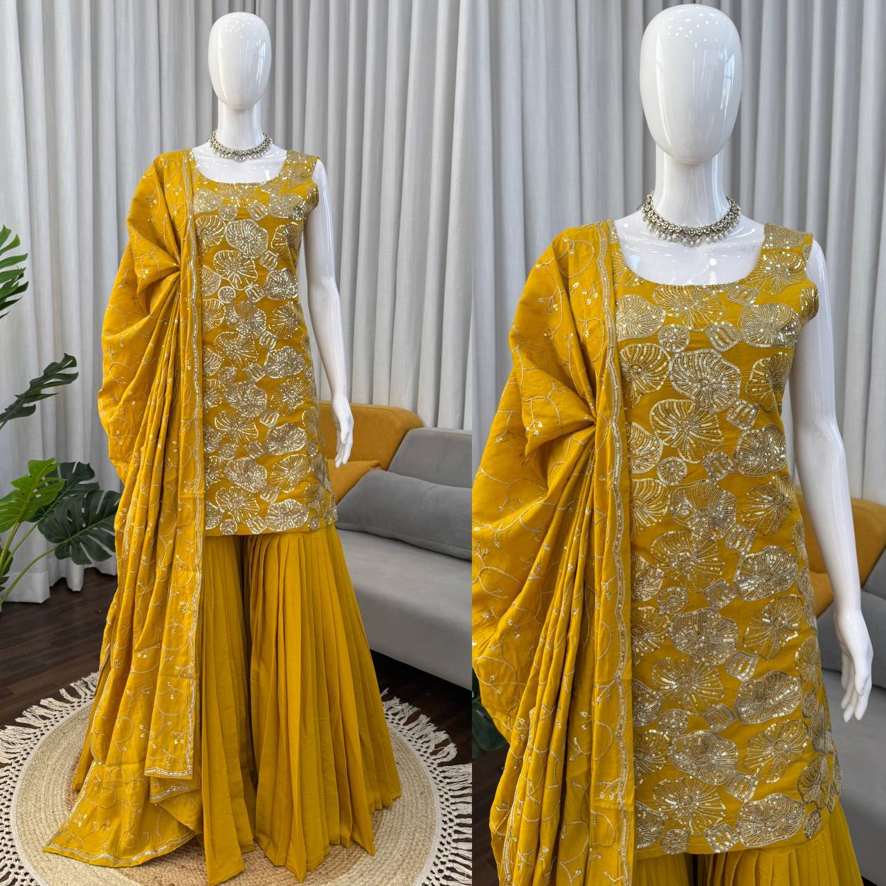 Neha's Yellow Color Thread And Sequin Work Silk Haldi Wear Sharara Set