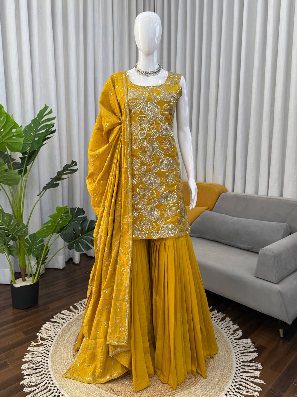 Neha's Yellow Color Thread And Sequin Work Silk Haldi Wear Sharara Set